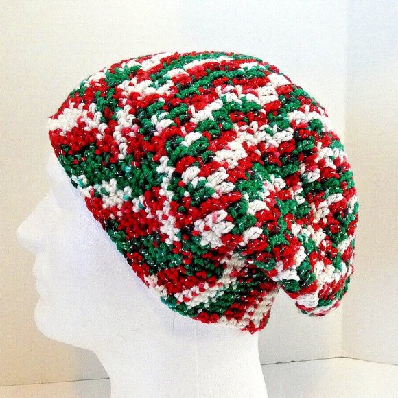 Red Green Baggy Beanie OS Slouch Cap Hat Handmade Crochet Hand Knit Sparkly NWT - Picture 1 of 8
